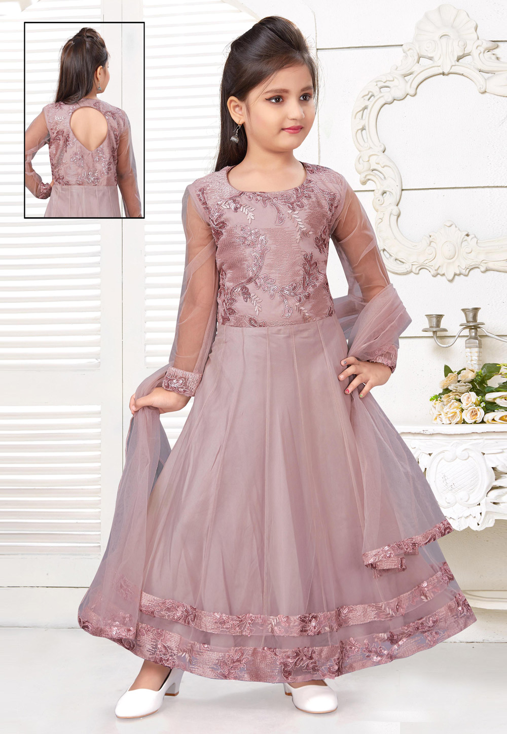 Pink Net Kids Anarkali Suit 216792