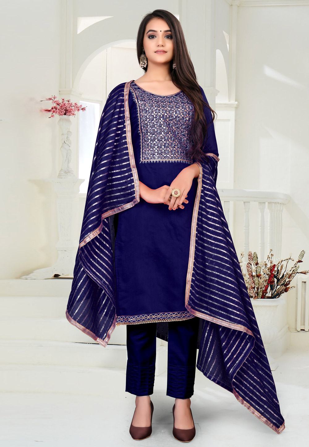 Navy Blue Chanderi Pant Style Suit 229815