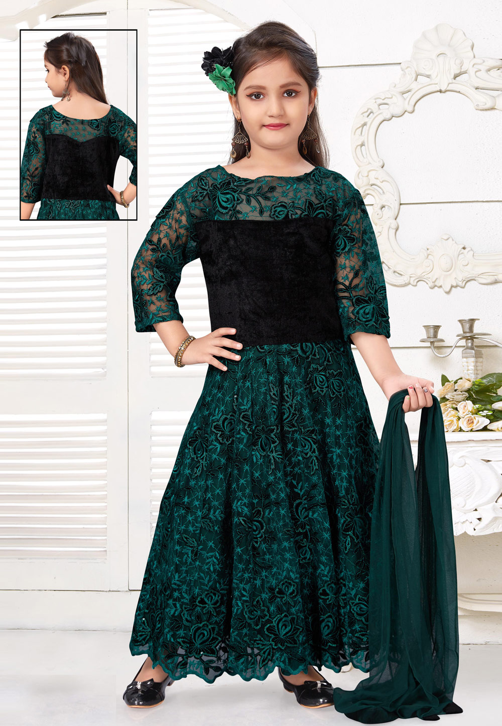 Teal Velvet Kids Anarkali Suit 216798