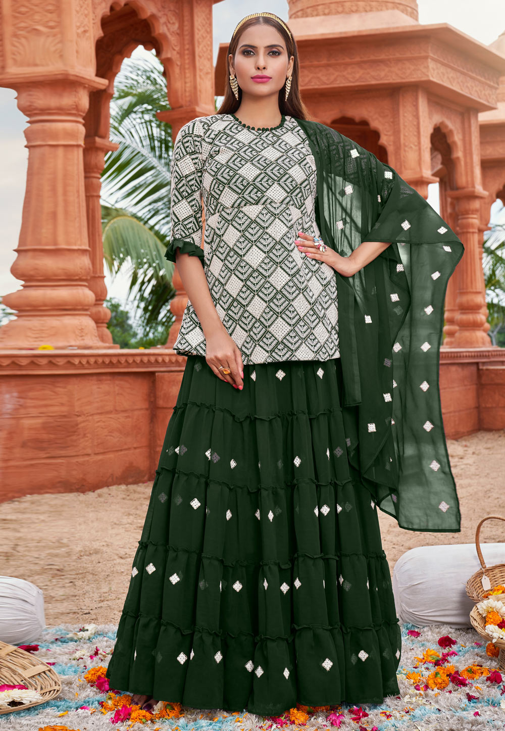 Green Faux Georgette Indo Western Lehenga Choli 258819