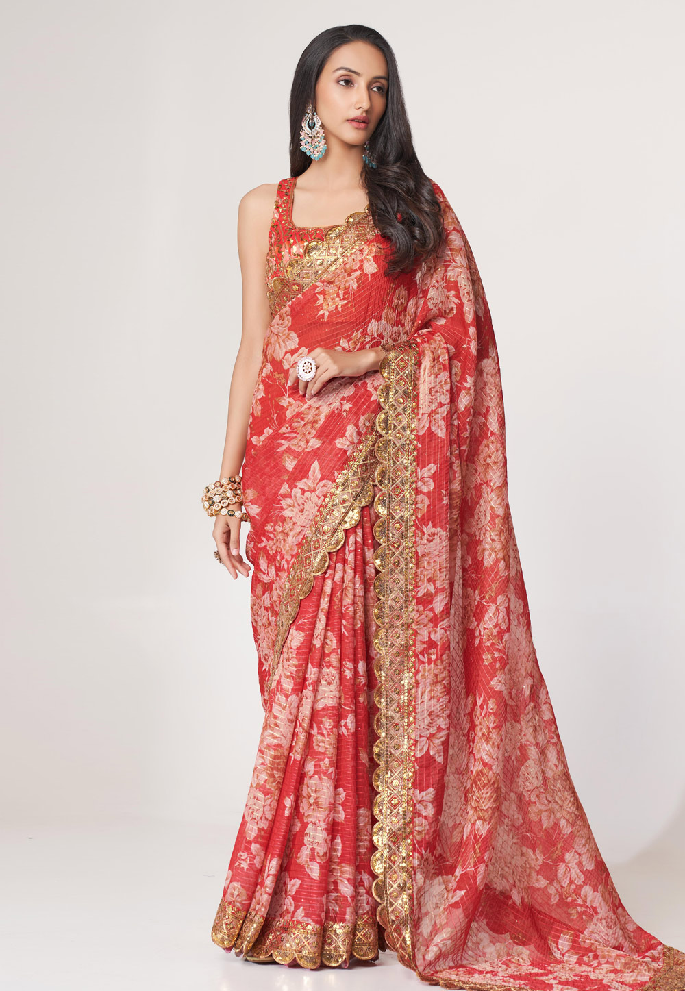 Red Organza Floral Print Saree 265083