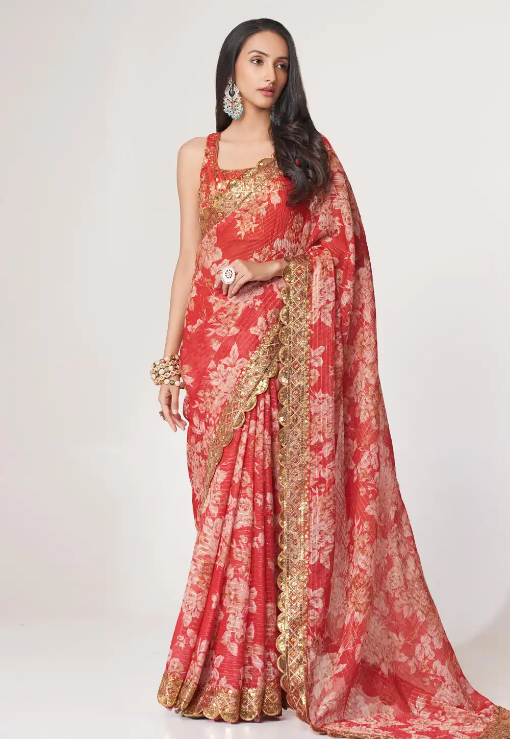 Red Organza Floral Print Saree 265083