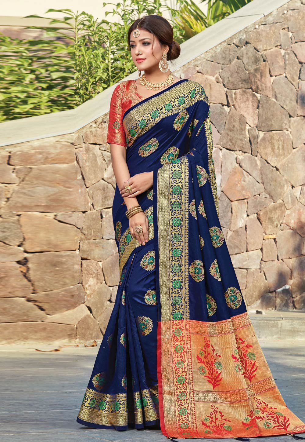 Navy Blue Silk Saree With Blouse 216863