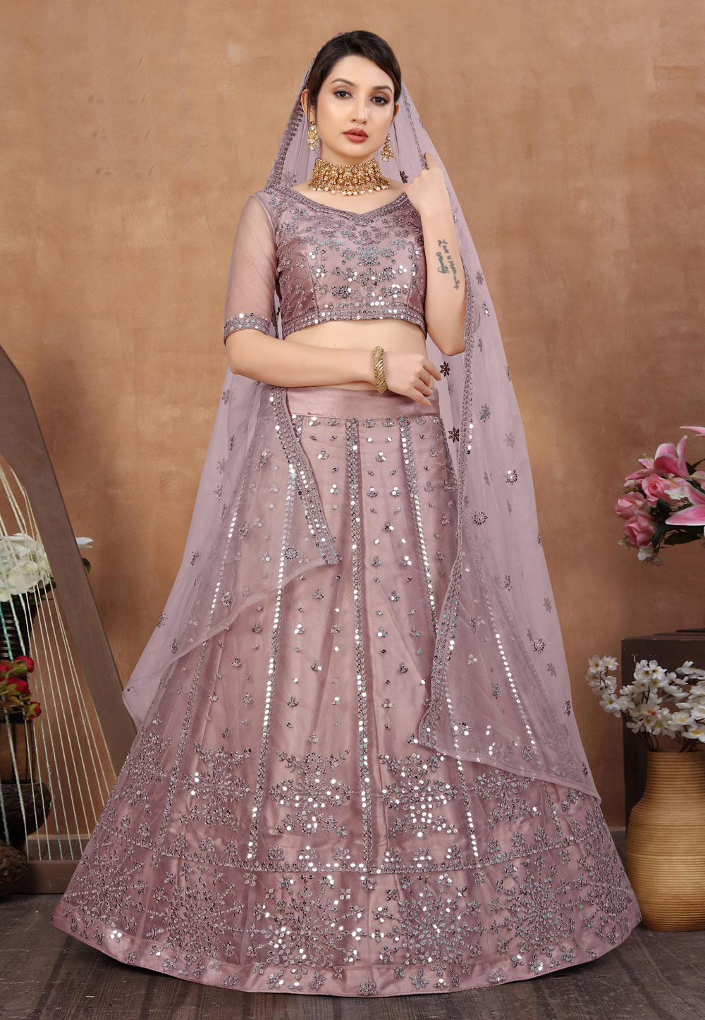Pink Net A Line Lehenga Choli 264090
