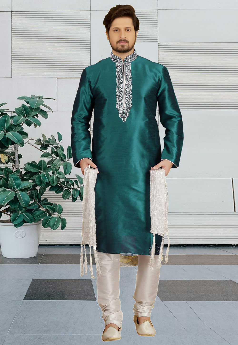 Teal Silk Kurta Pajama 217259