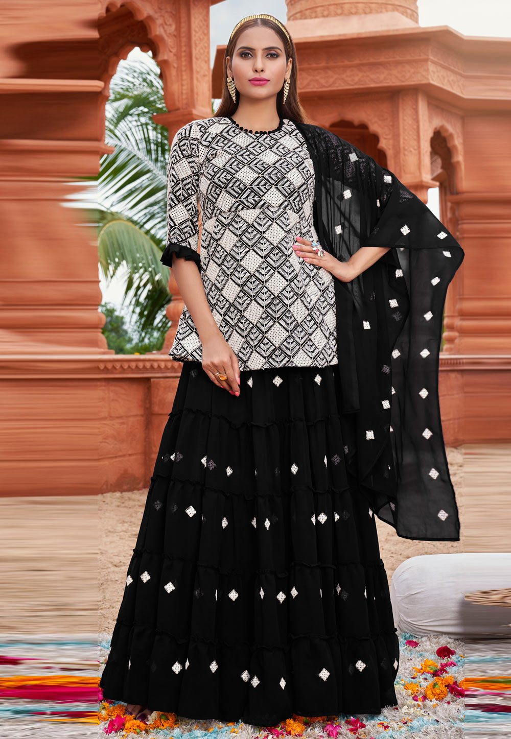 Black Faux Georgette Long Choli Lehenga 258820