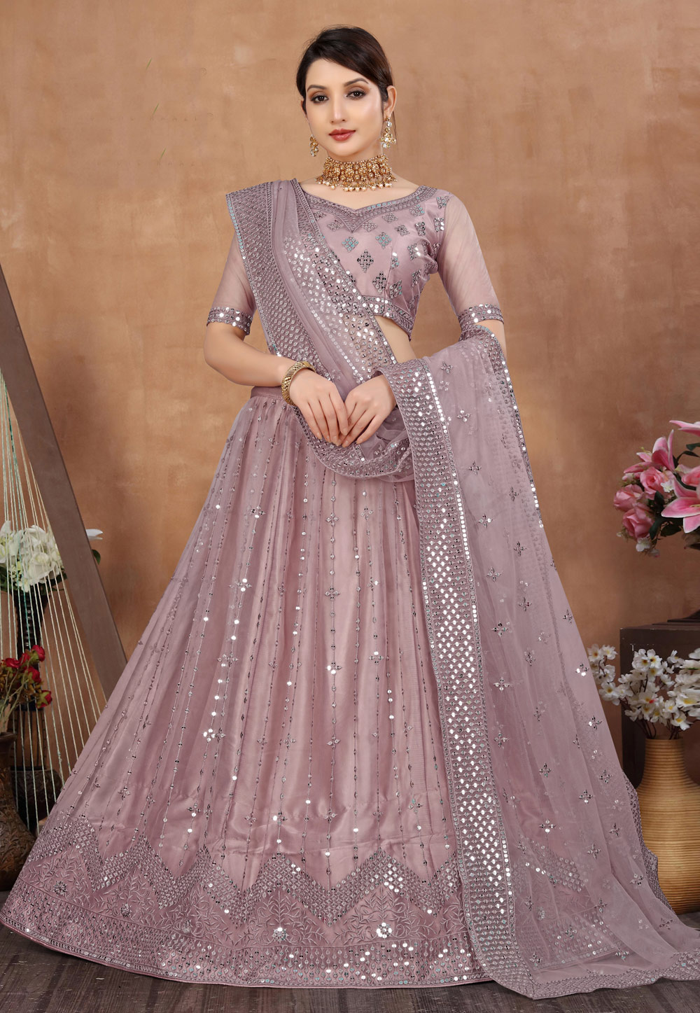 Pink Net Circular Lehenga Choli 264091
