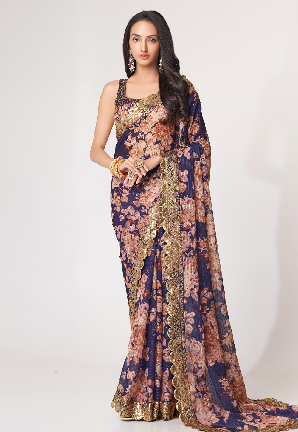 Navy Blue Organza Saree With Blouse 265084
