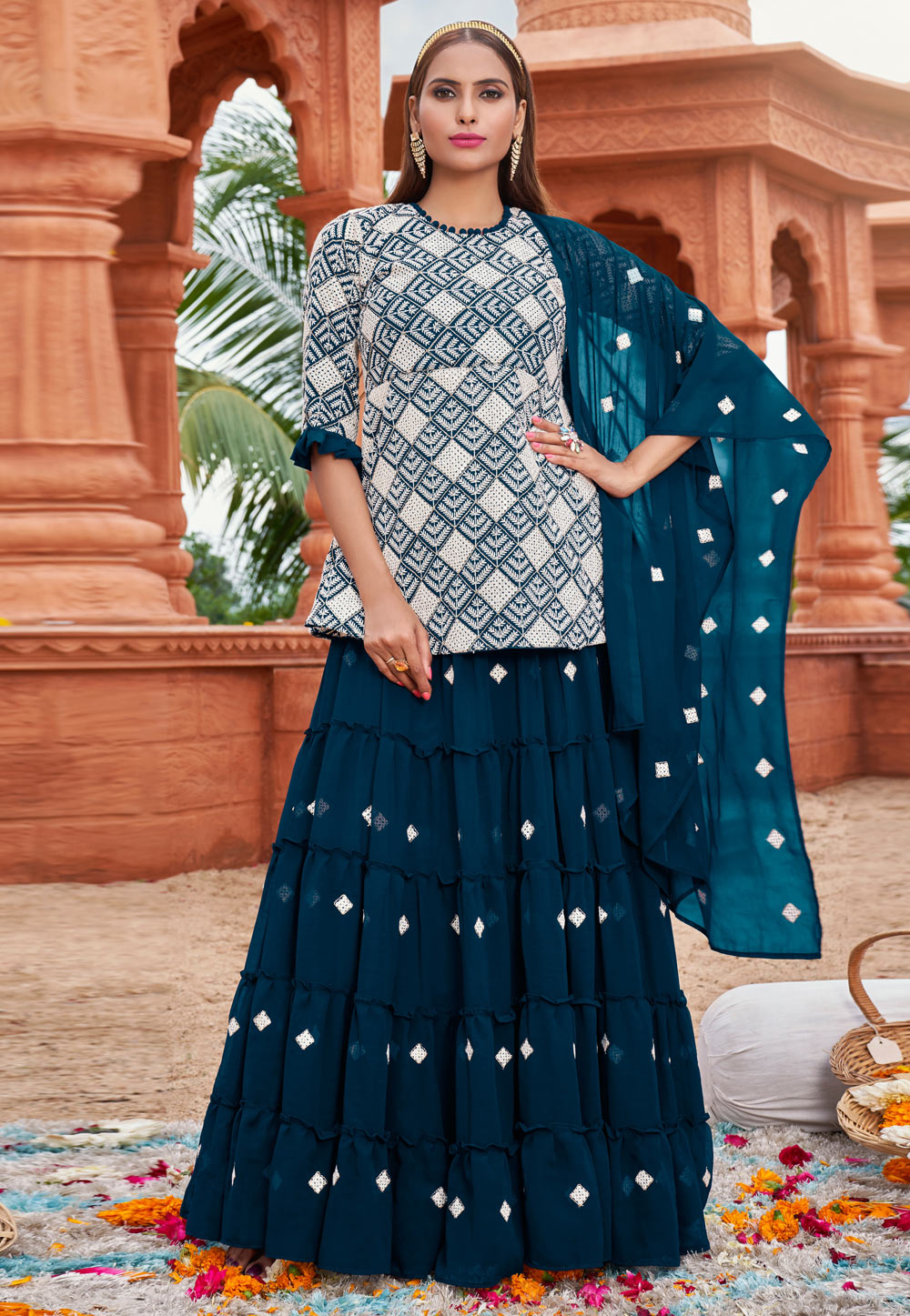 Teal Faux Georgette Indo Western Lehenga Choli 258821