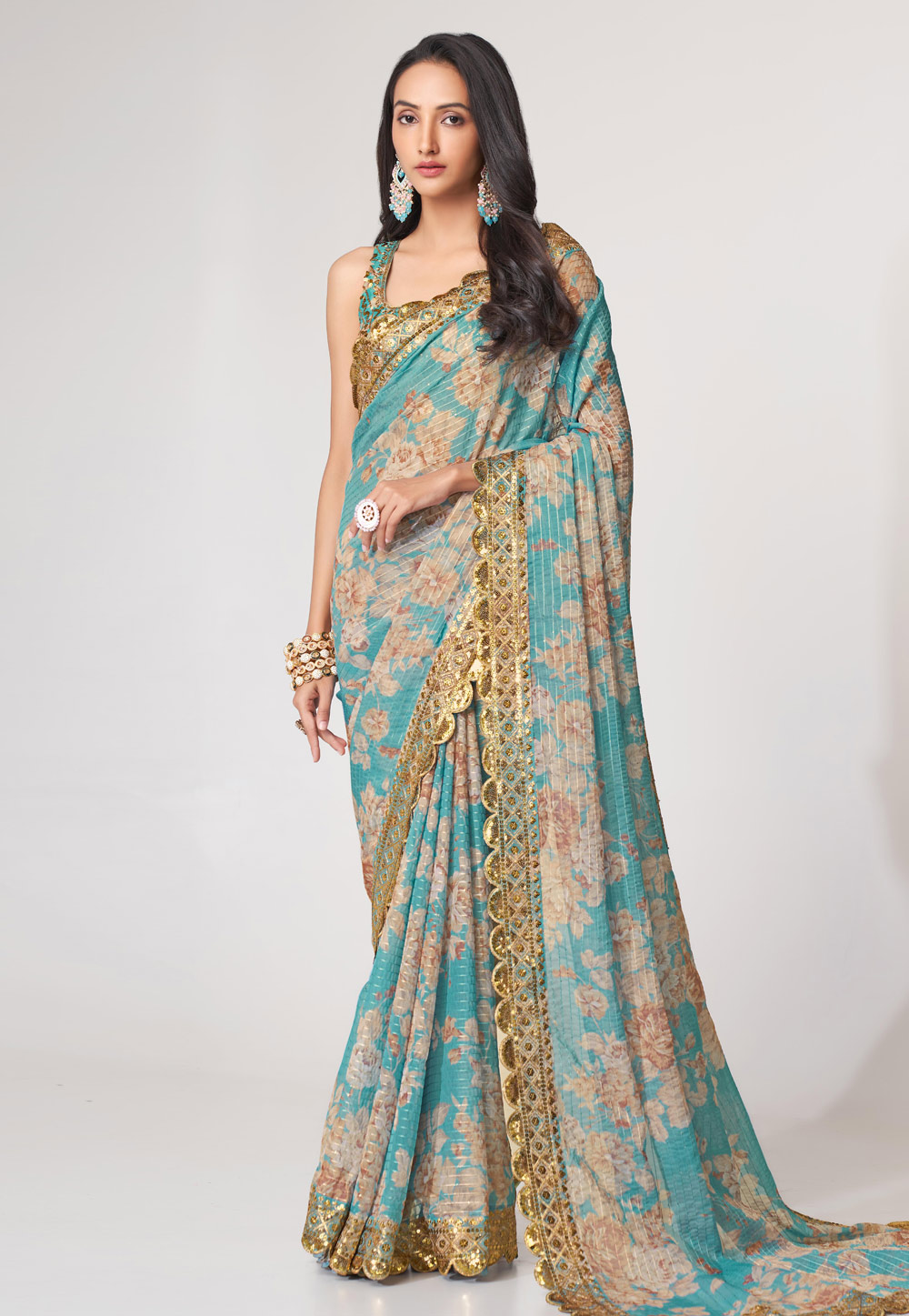 Sky Blue Organza Floral Print Saree 265085