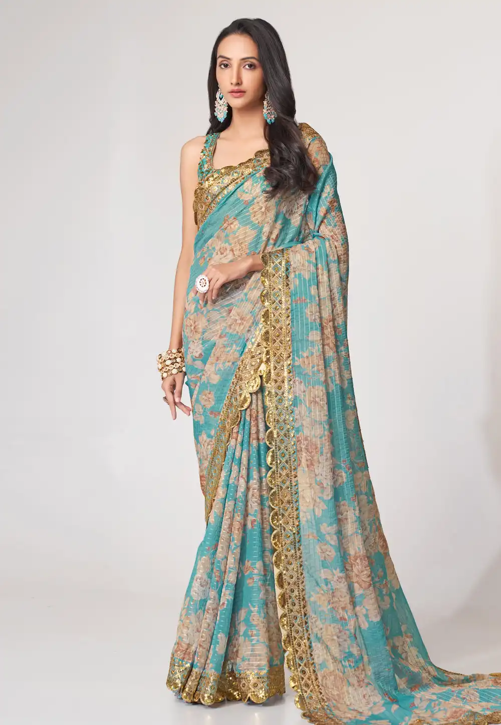 Sky Blue Organza Floral Print Saree 265085