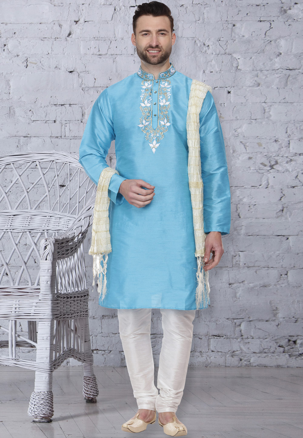 Aqua Dupion Silk Readymade Kurta Pajama 160971