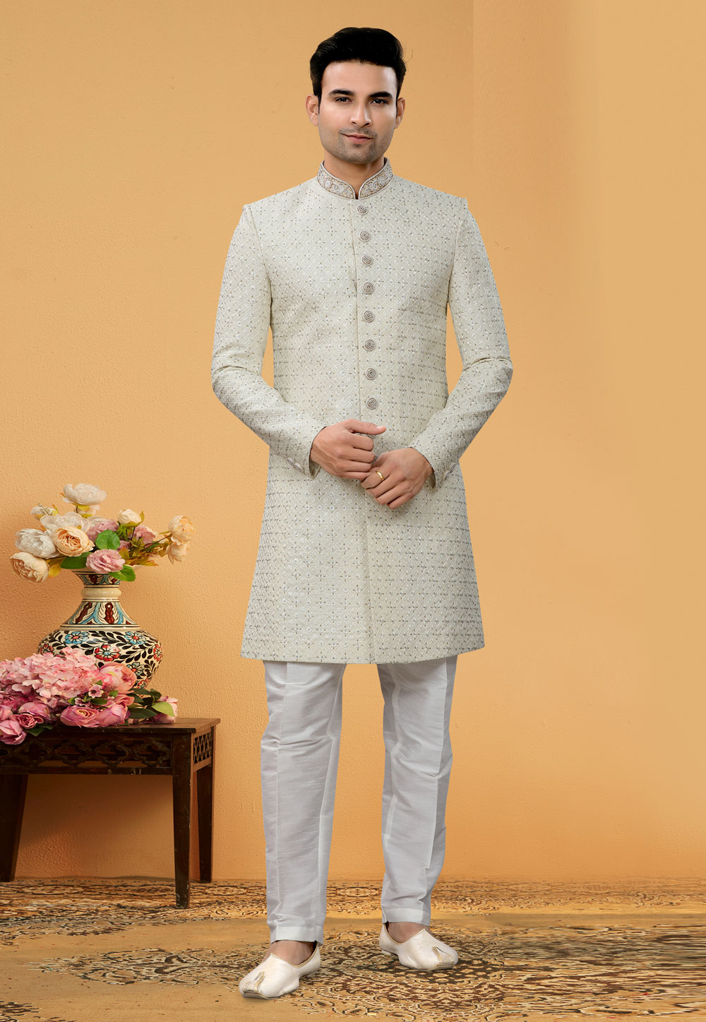 Off White Art Silk Achkan Style Sherwani 261162