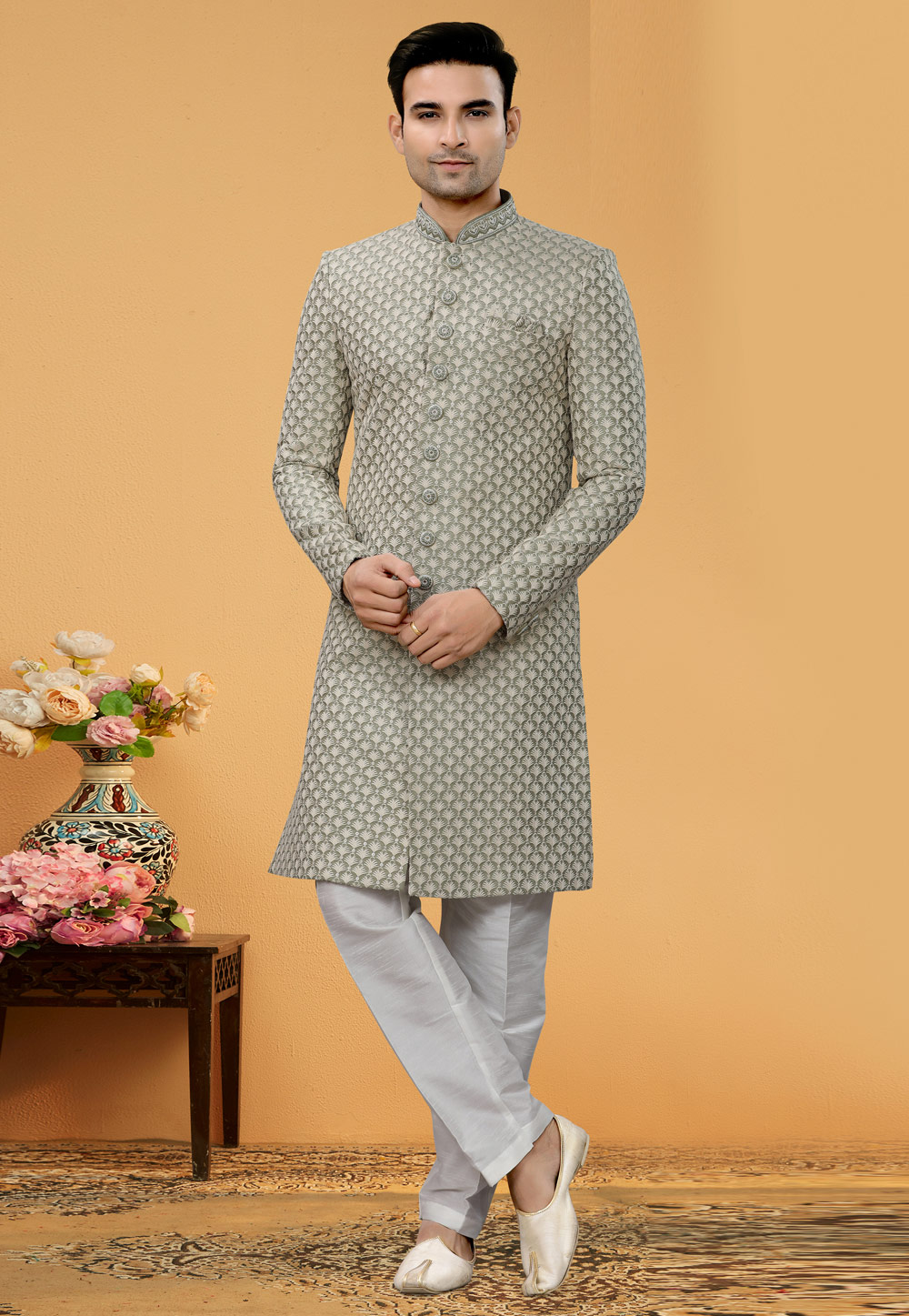 Brown Art Silk Achkan Style Sherwani 261166