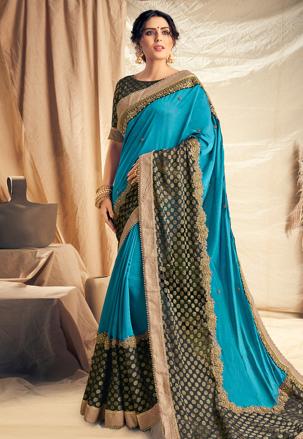 Aqua Satin Silk Saree With Blouse 186942