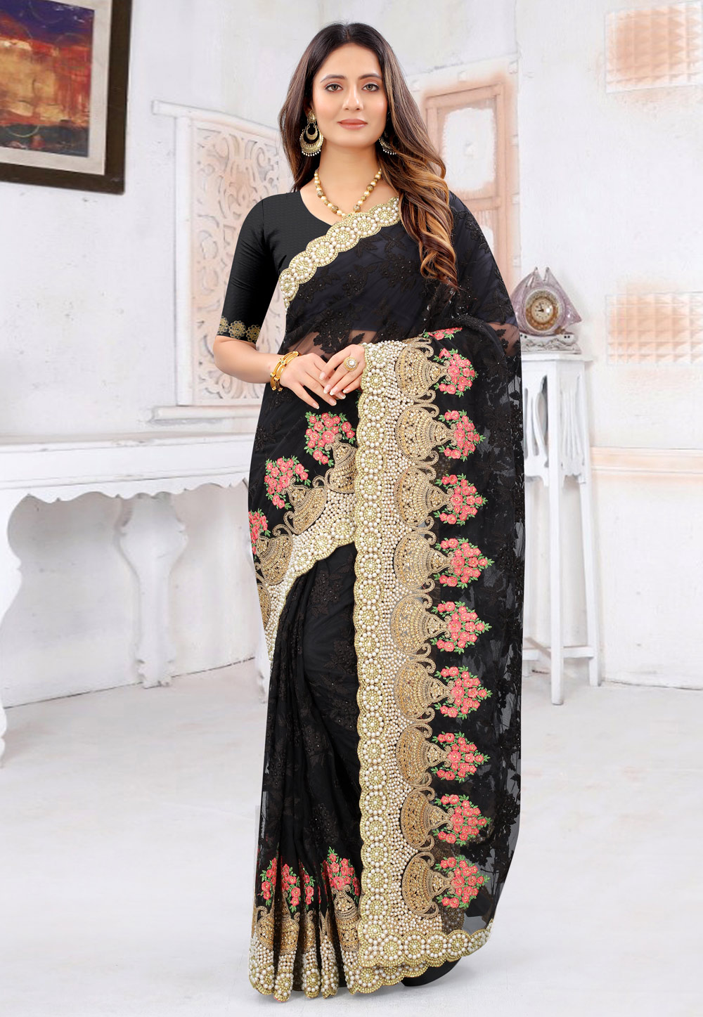 Black Net Saree With Blouse 236888