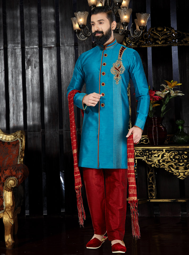 Blue Silk Readymade Kurta Pajama 97485