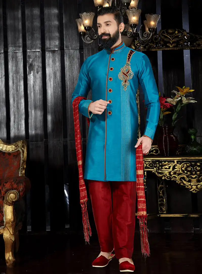 Blue Silk Readymade Kurta Pajama 97485