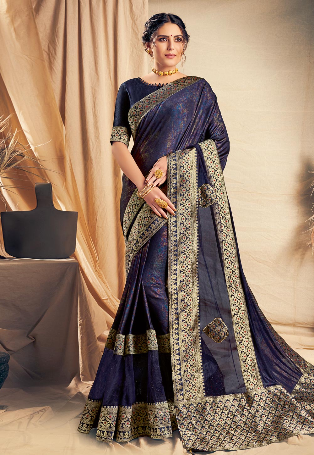 Navy Blue Silk Festival Wear Saree 186949