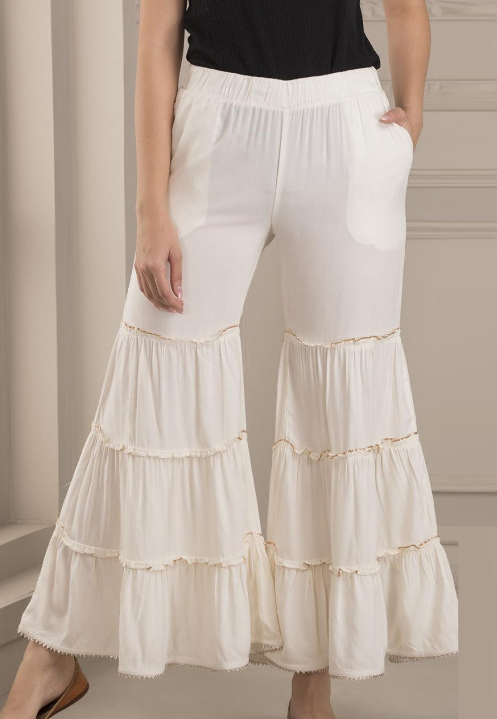 Off White Rayon Readymade Sharara Pant 217232