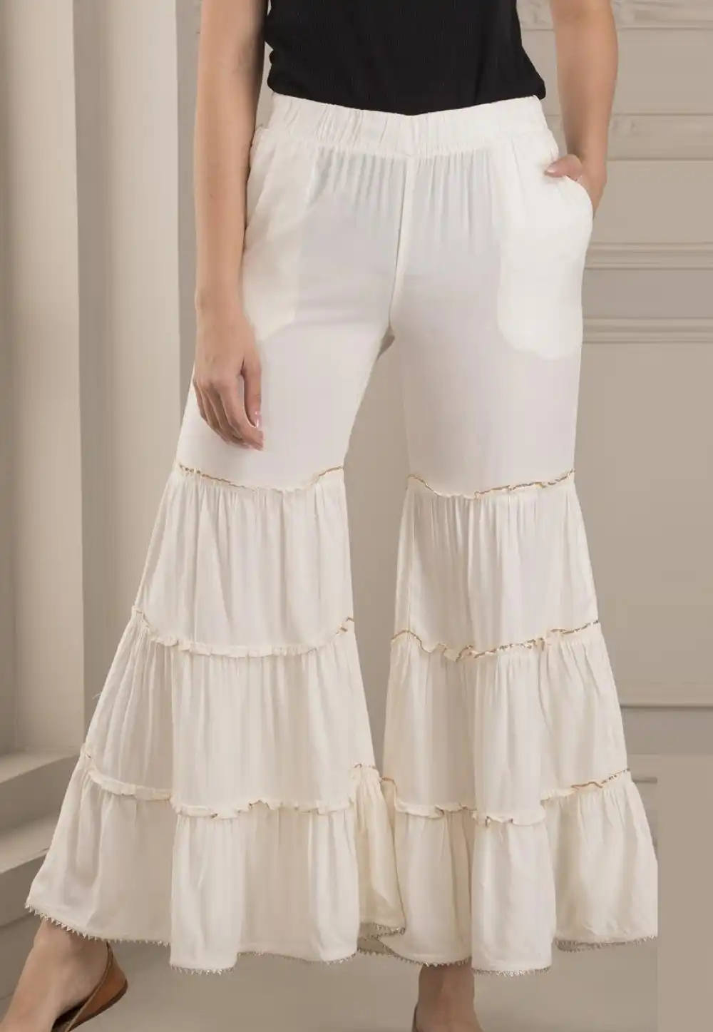 Off White Rayon Readymade Sharara Pant 217232