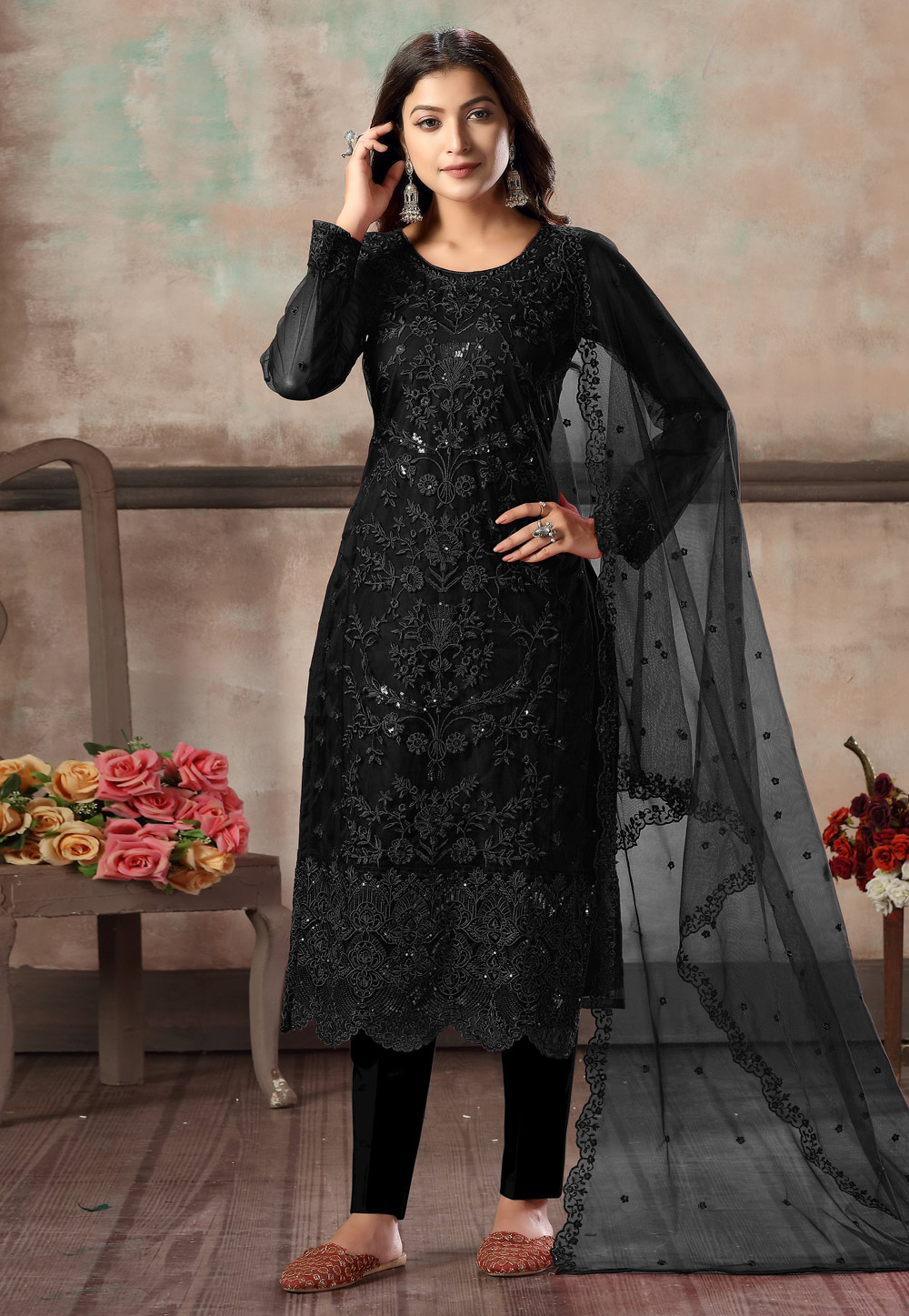 Black Net Pant Style Suit 210142