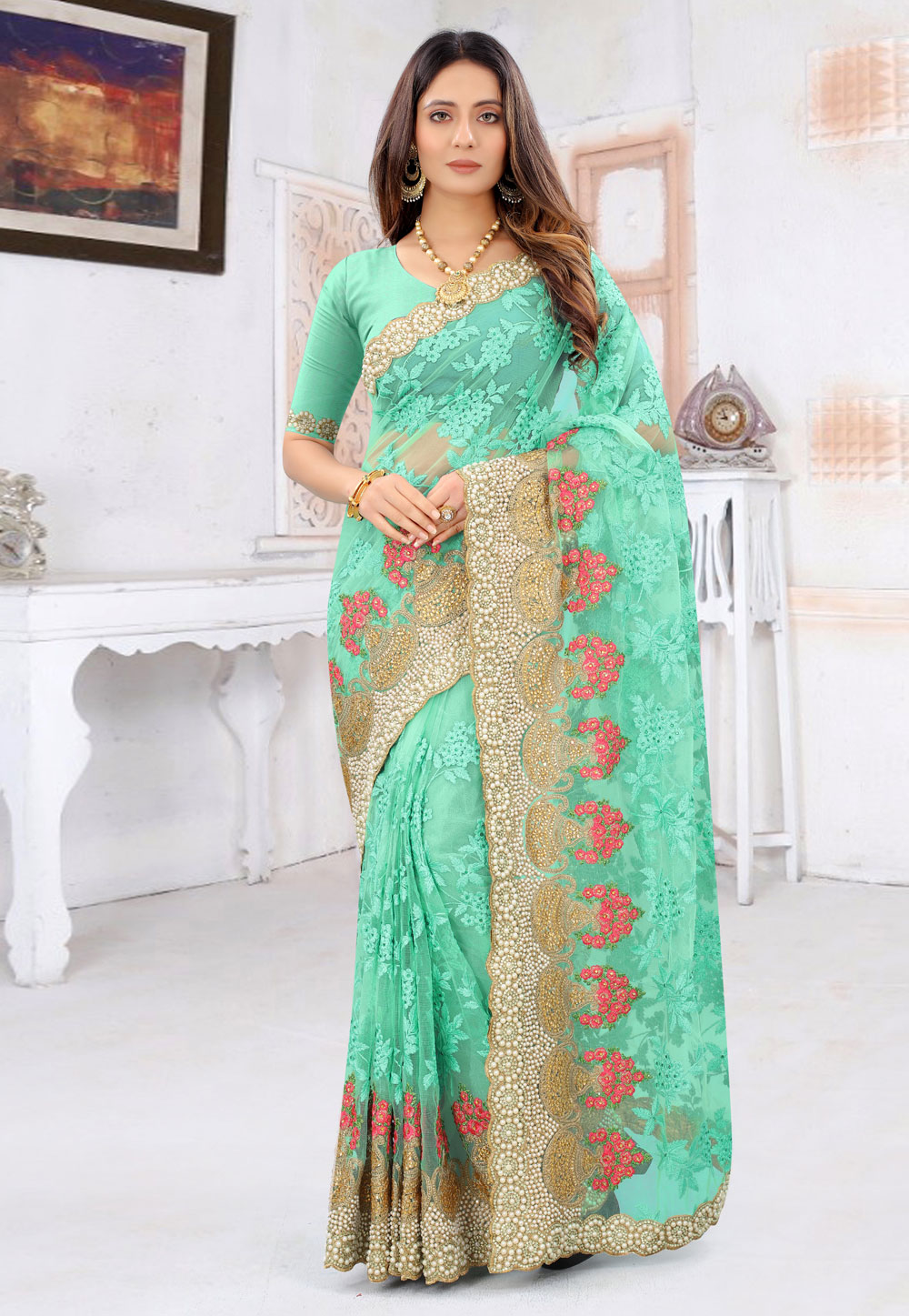 Sky Blue Net Saree With Blouse 236894