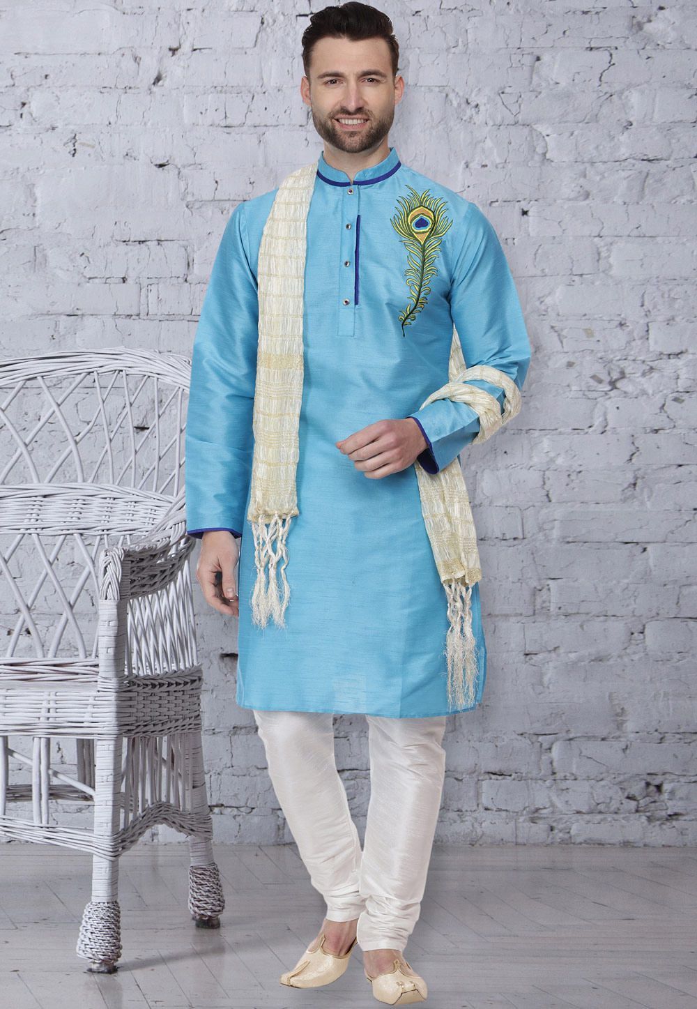 Aqua Dupion Silk Readymade Kurta Pajama 160972