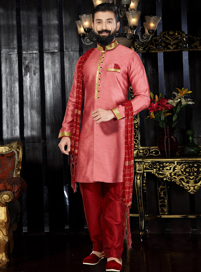 Pink Jacquard Readymade Kurta Pajama 97486