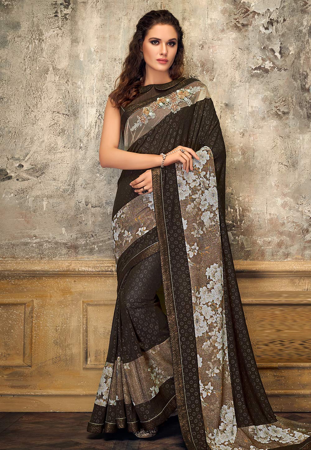 Brown Lycra Party Wear Saree 187294