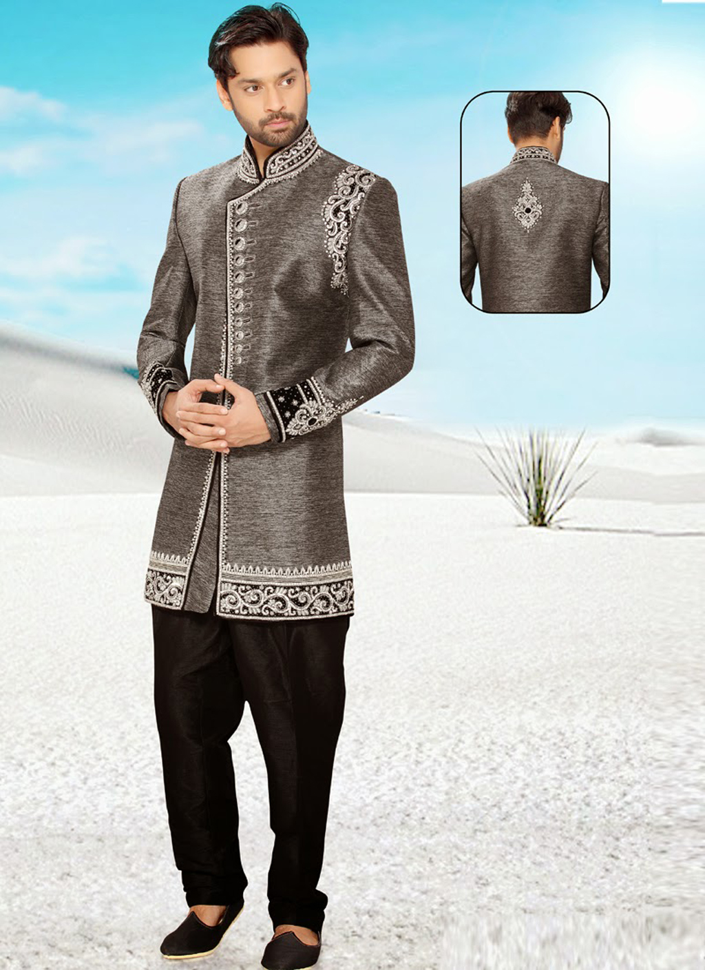 Grey Banarasi Indo Western Sherwani 47916
