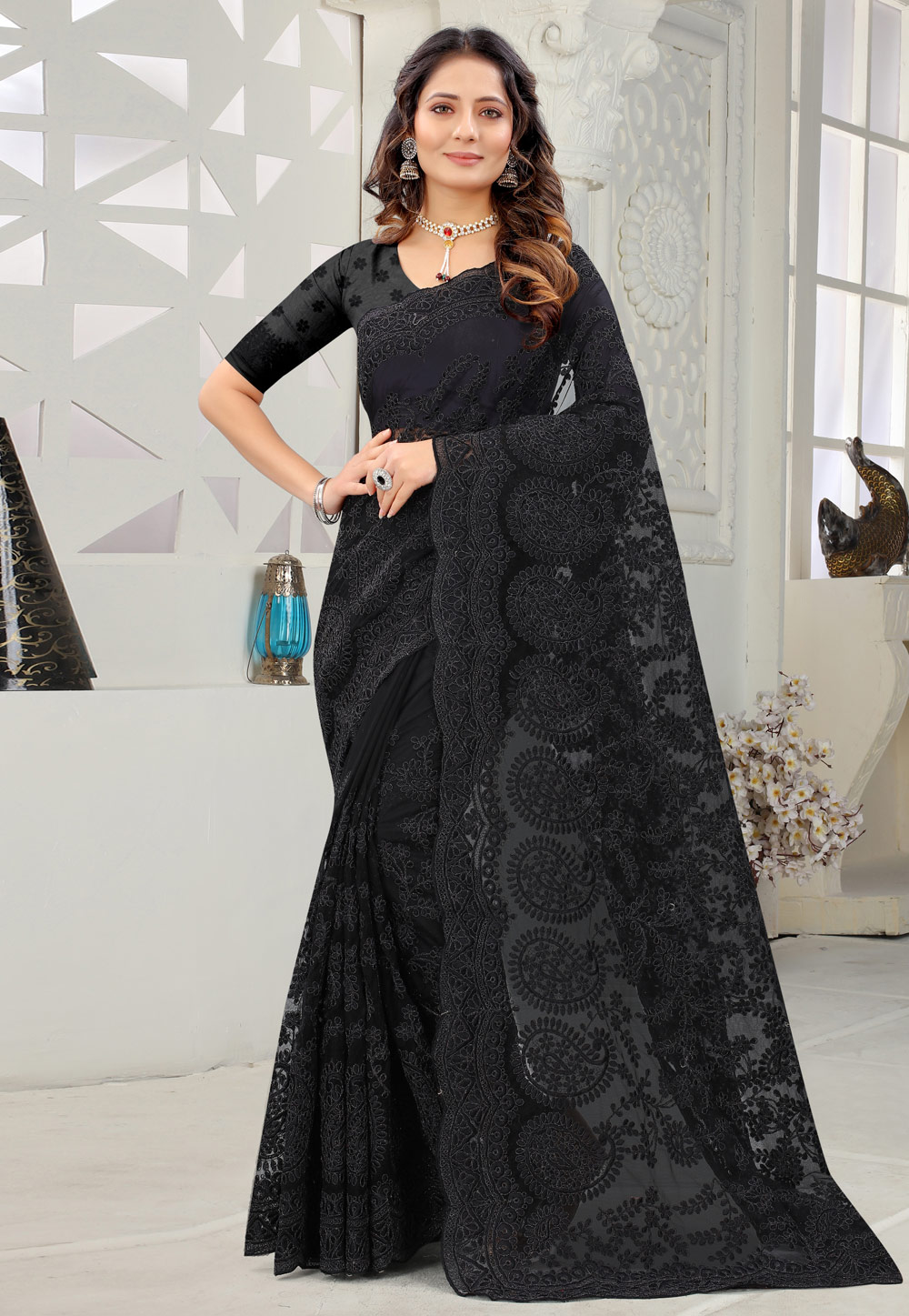 Black Net Festival Wear Saree 237131