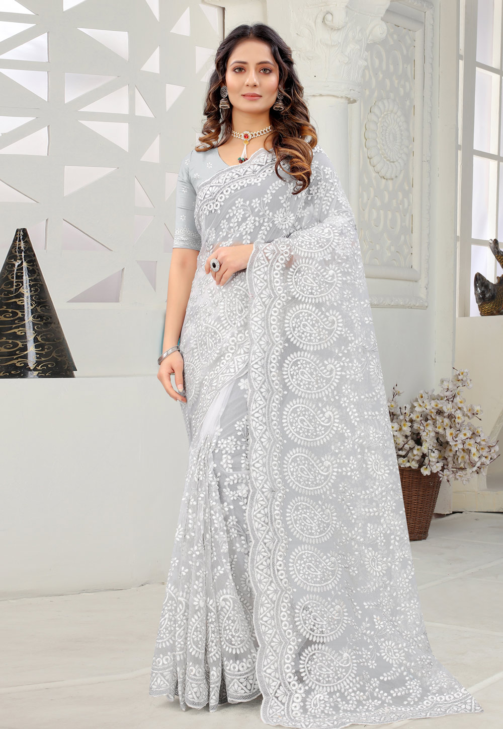 Grey Net Festival Wear Saree 237133