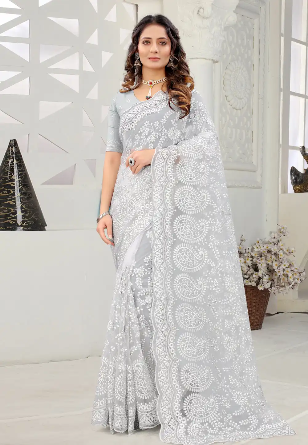 Grey Net Festival Wear Saree 237133