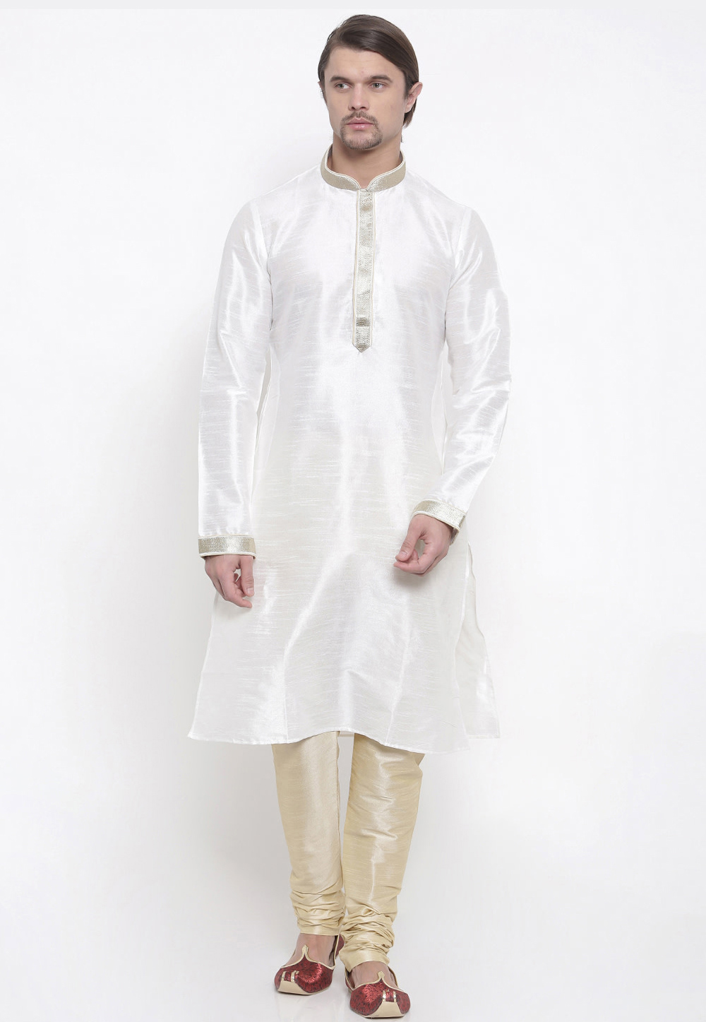 White Dupion Silk Kurta Pajama 218453