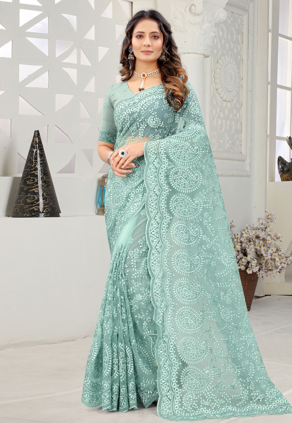 Light Green Net Festival Wear Saree 237135