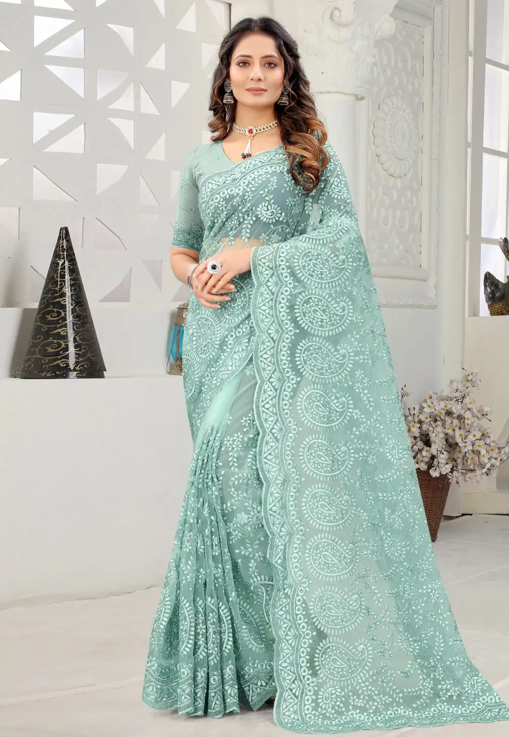 Light Green Net Festival Wear Saree 237135