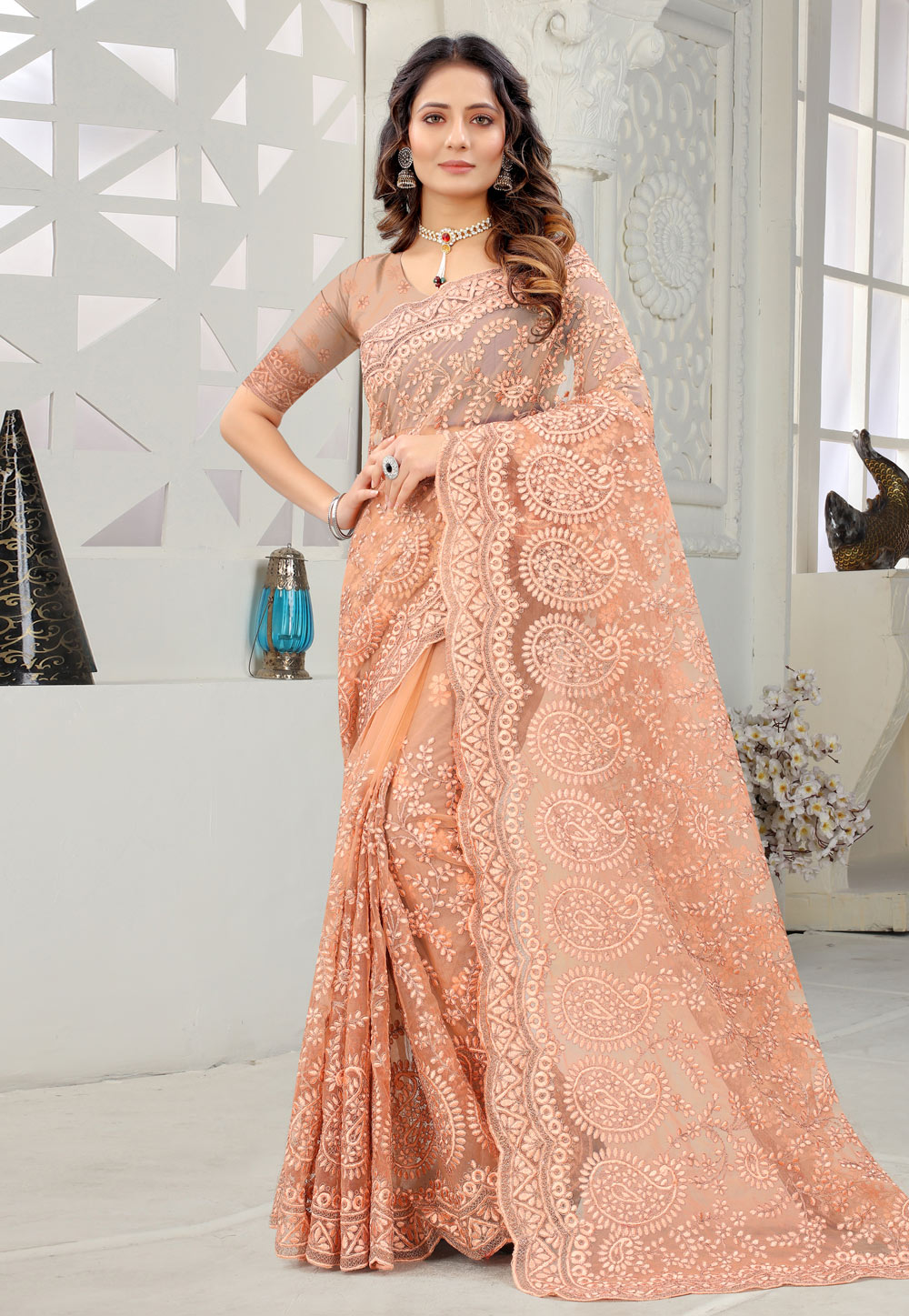 Orange Net Saree With Blouse 237136