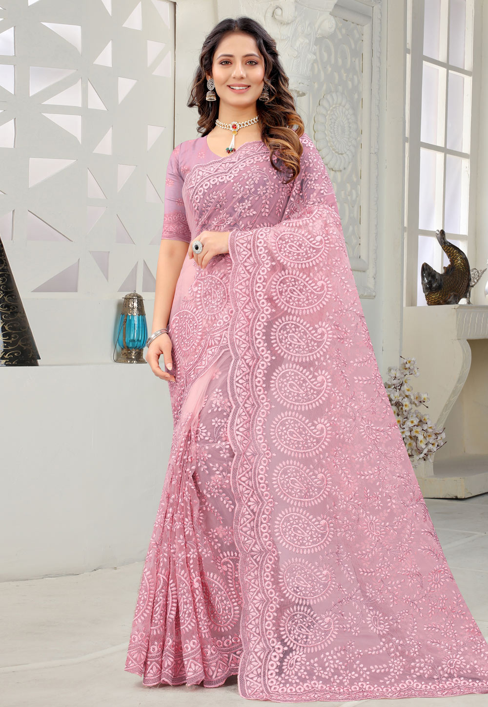 Pink Net Festival Wear Saree 237137