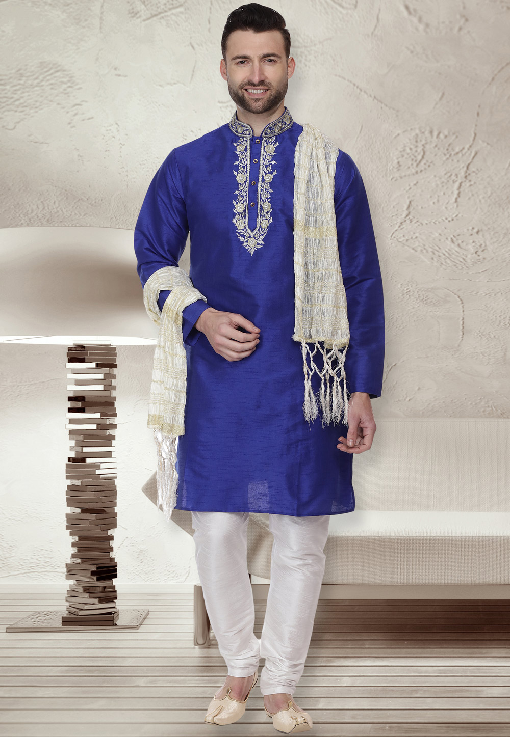 Blue Dupion Silk Readymade Kurta Pajama 160973