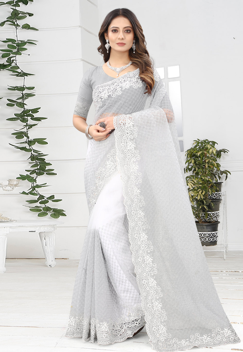 Grey Net Saree With Blouse 239080