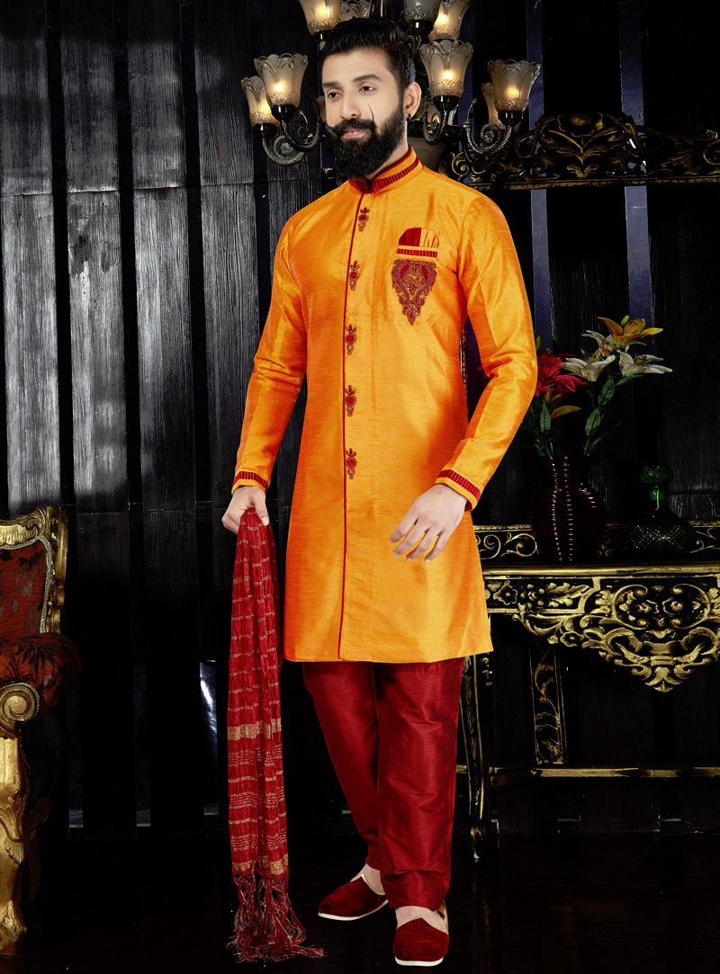 Orange Silk Readymade Kurta Pajama 97487