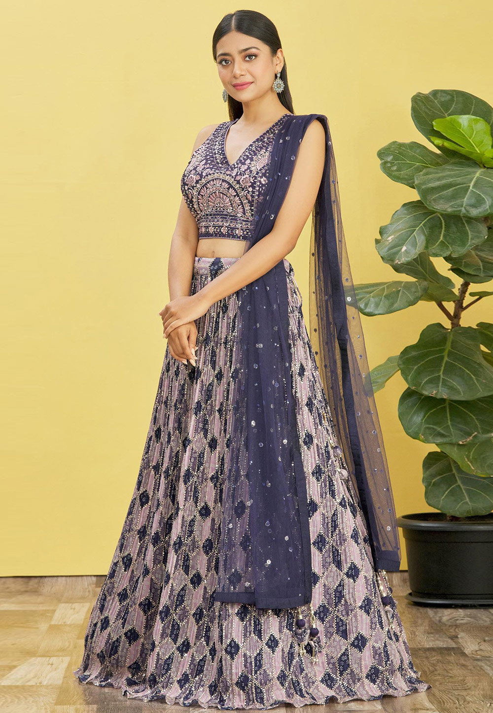 Navy Blue Chinon A Line Lehenga Choli 269537