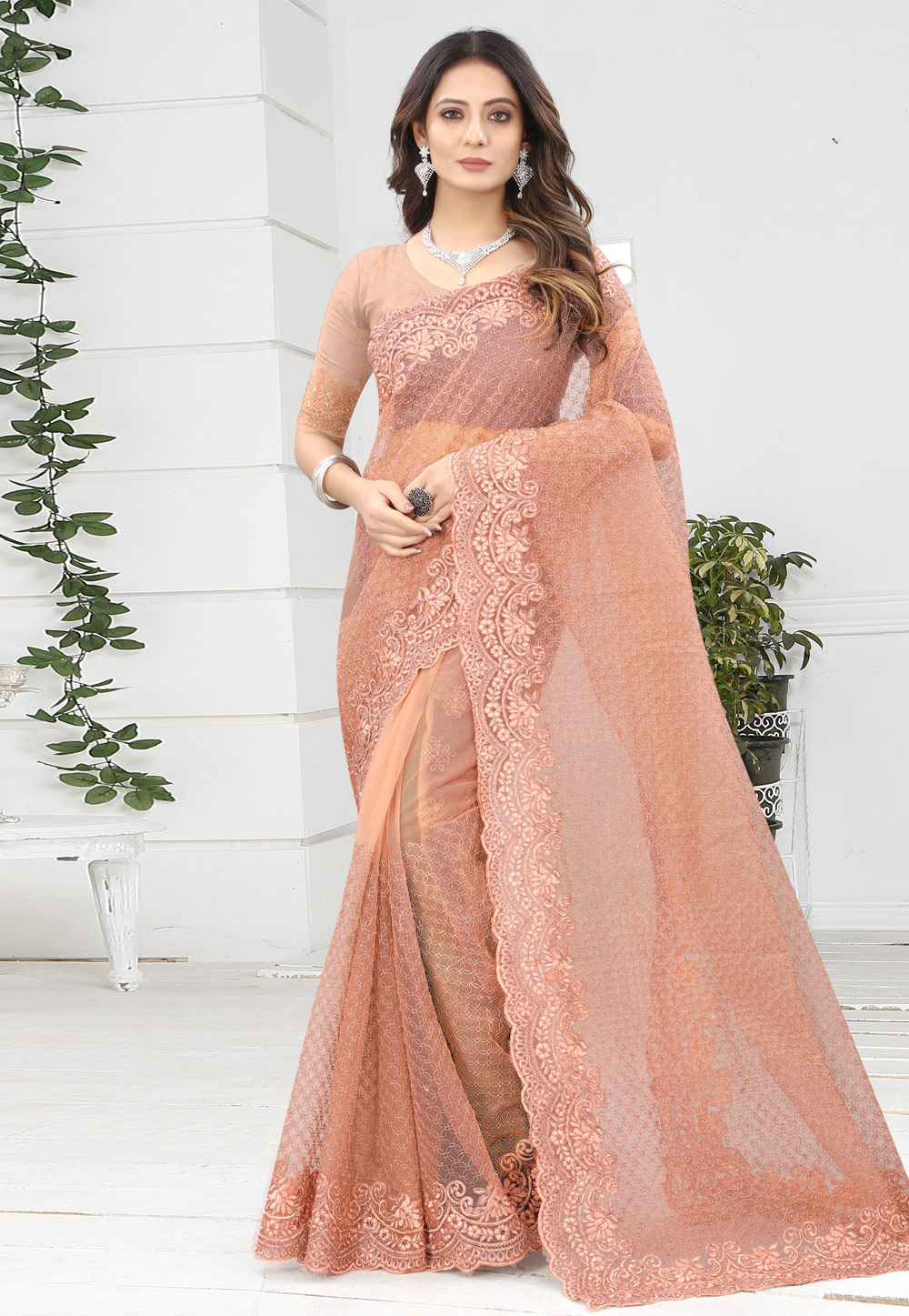Peach Net Saree With Blouse 239082