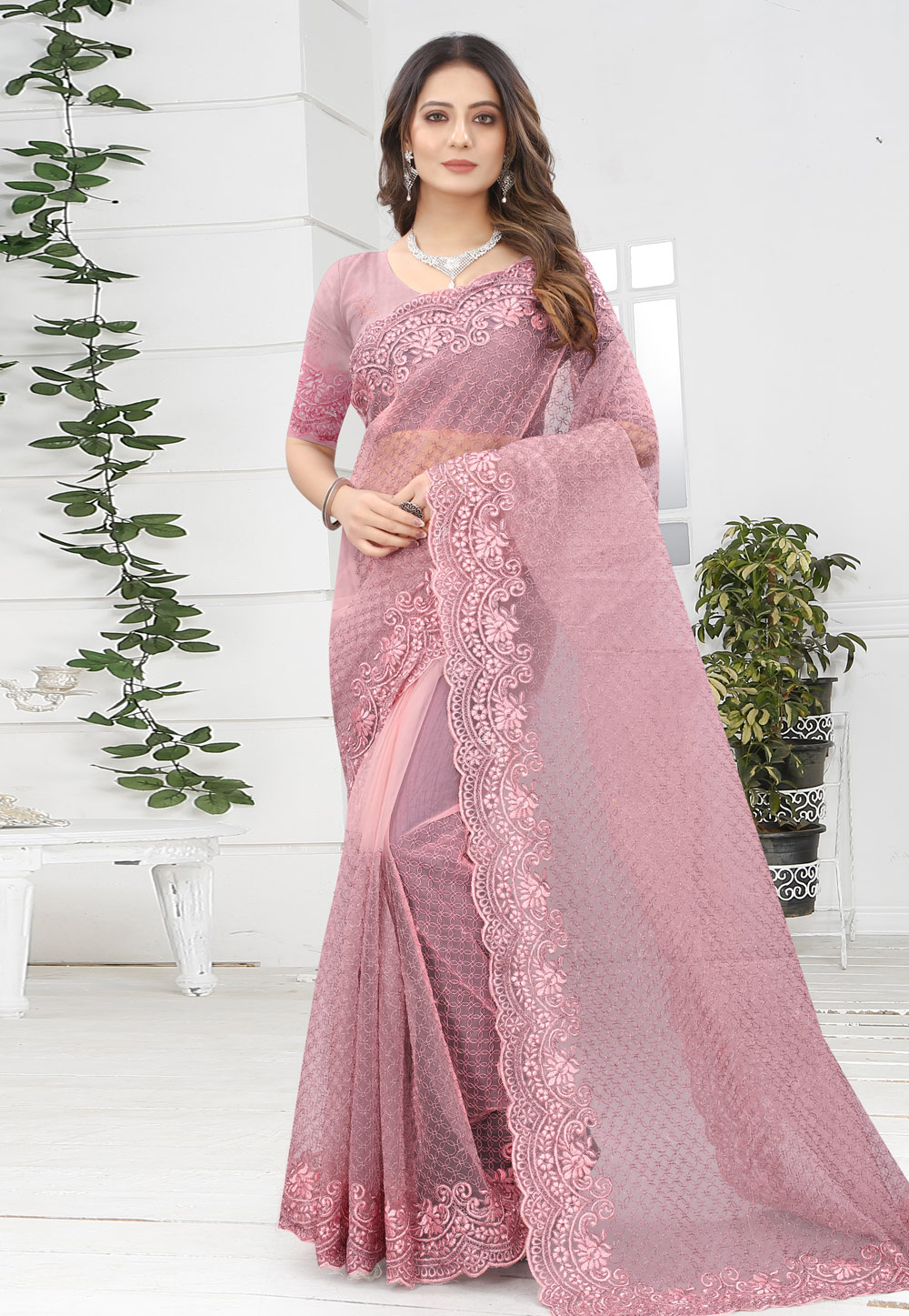Pink Net Festival Wear Saree 239085