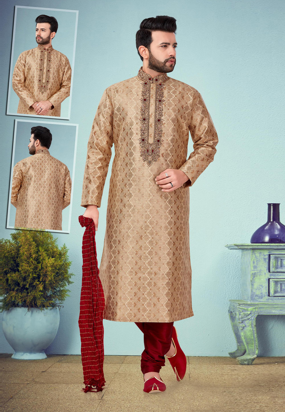 Beige Jacquard Kurta Pajama 219572