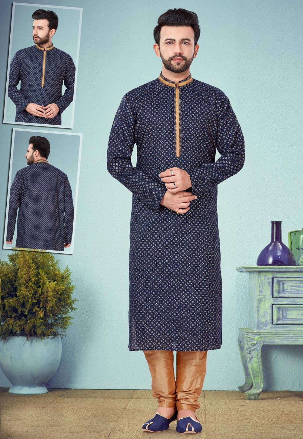 Navy Blue Cotton Silk Kurta Pajama 219538
