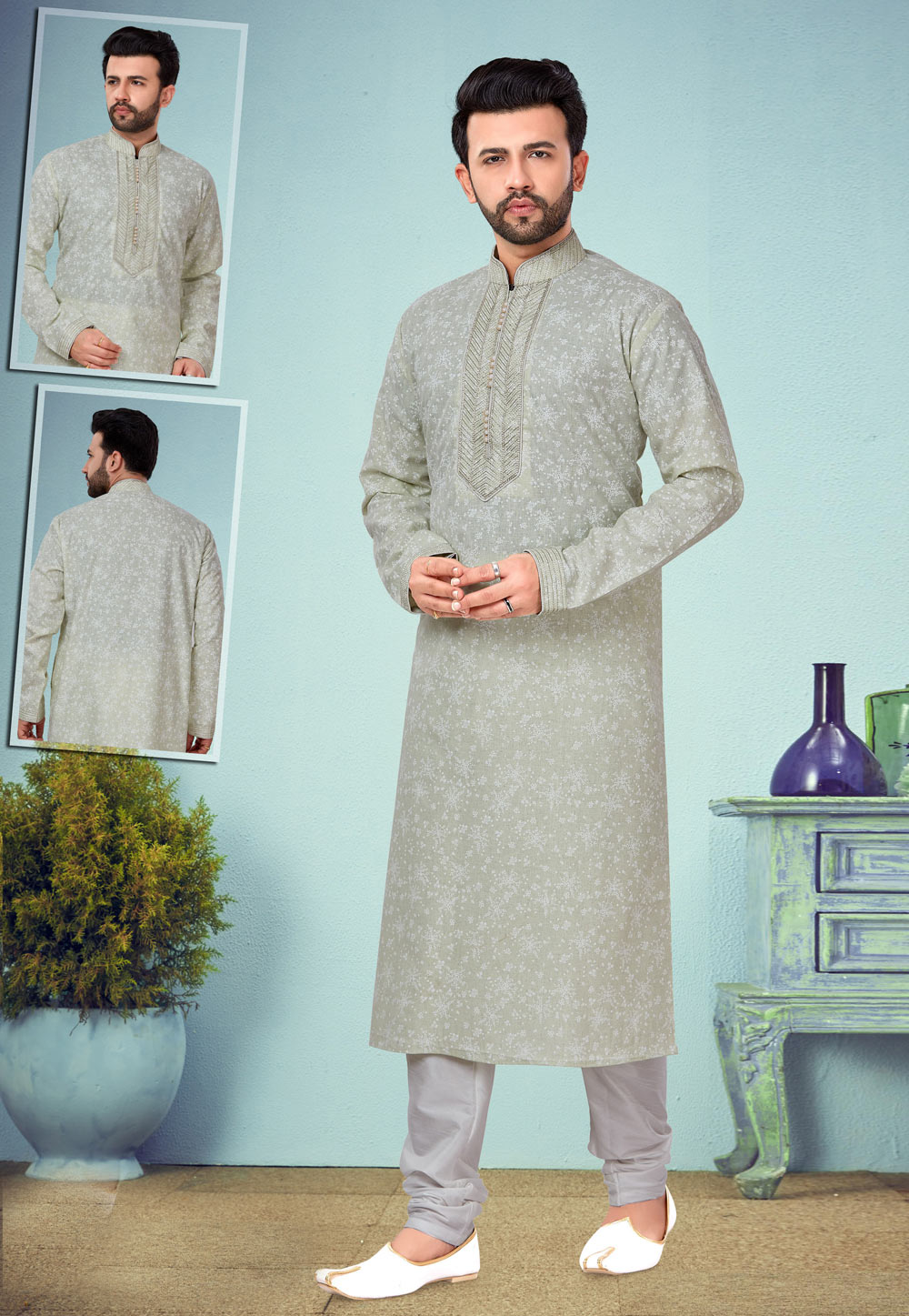 Light Green Cotton Silk Kurta Pajama 219542