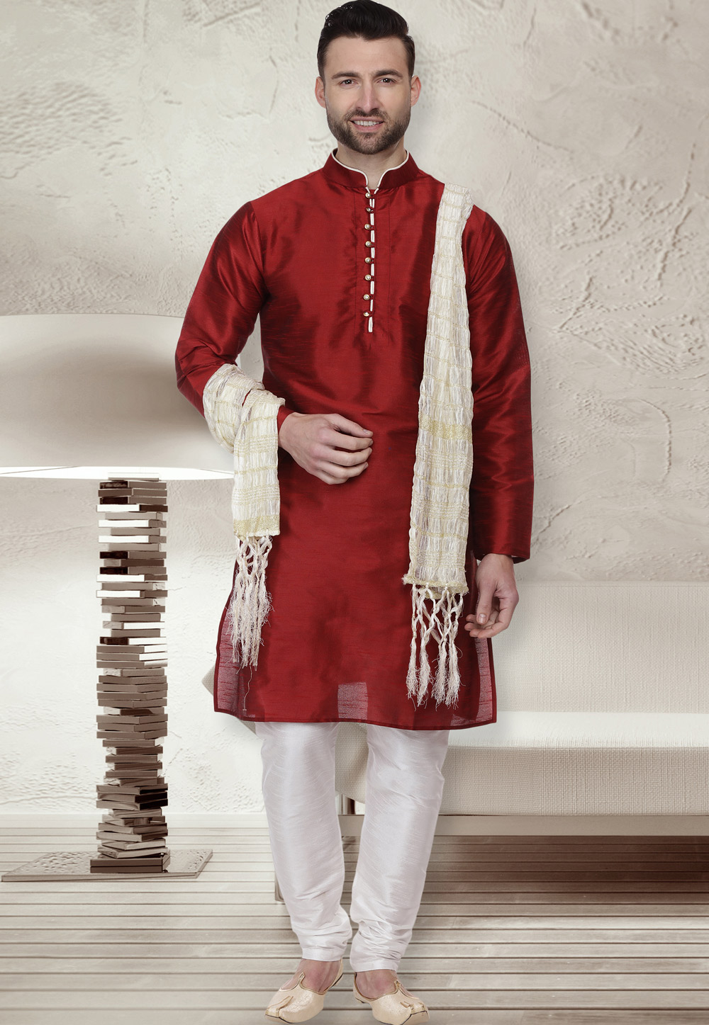 Maroon Dupion Silk Readymade Kurta Pajama 160974