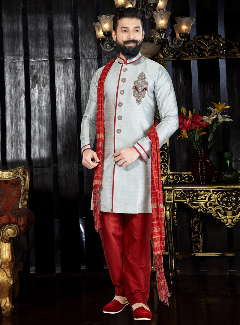 Grey Jacquard Readymade Kurta Pajama 97488